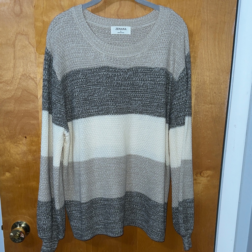 Zenana Women's Striped Crew Neck Sweater - Gray and Cream
